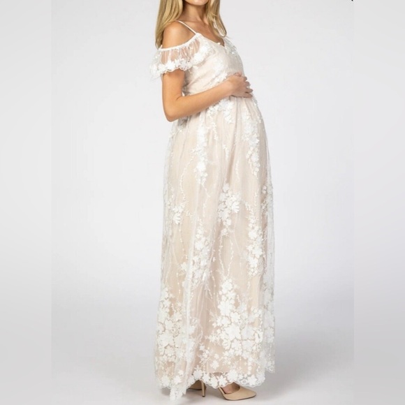 Ivory Floral Embroidered Mesh Maternity Evening Gown - Picture 1 of 12